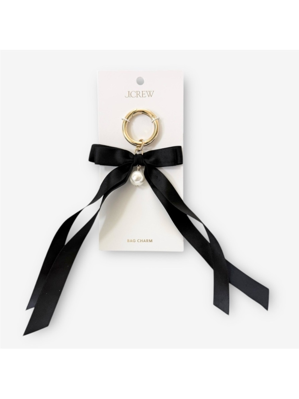 New J. Crew Pearl Bow Ribbon Handbag Bag Charm Keyring Key Chain Gold Black